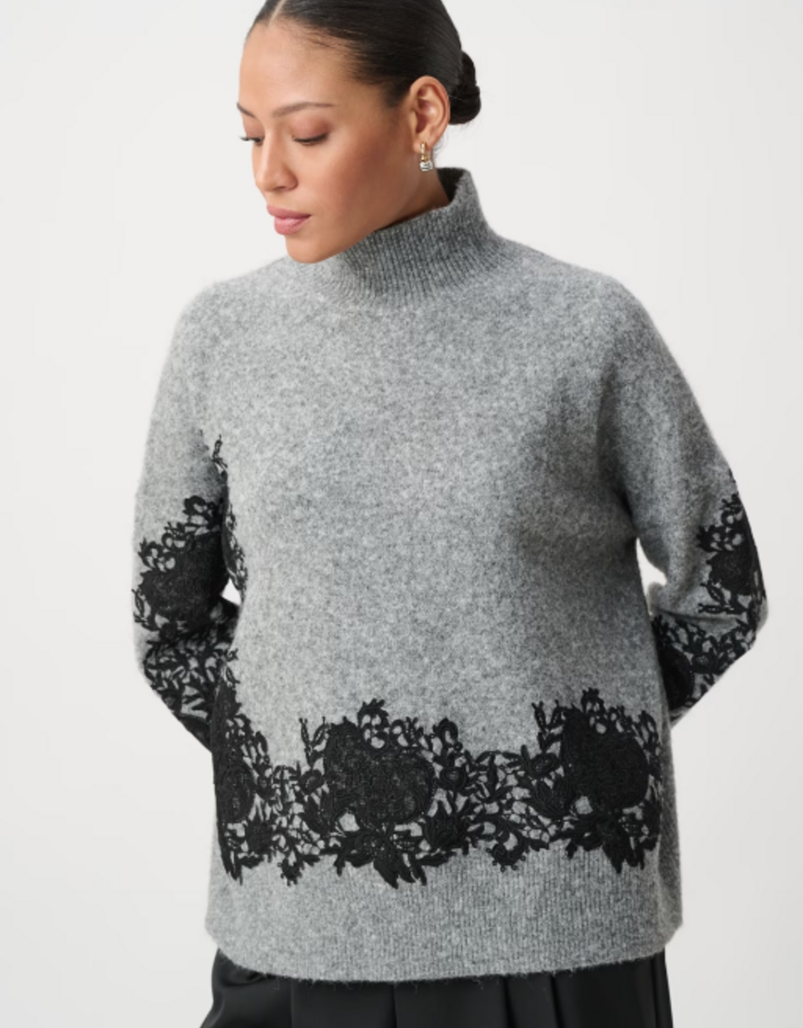 Joseph Ribkoff Joseph Ribkoff Grey w/Black Floral Detail Relaxed Pullover Sweater