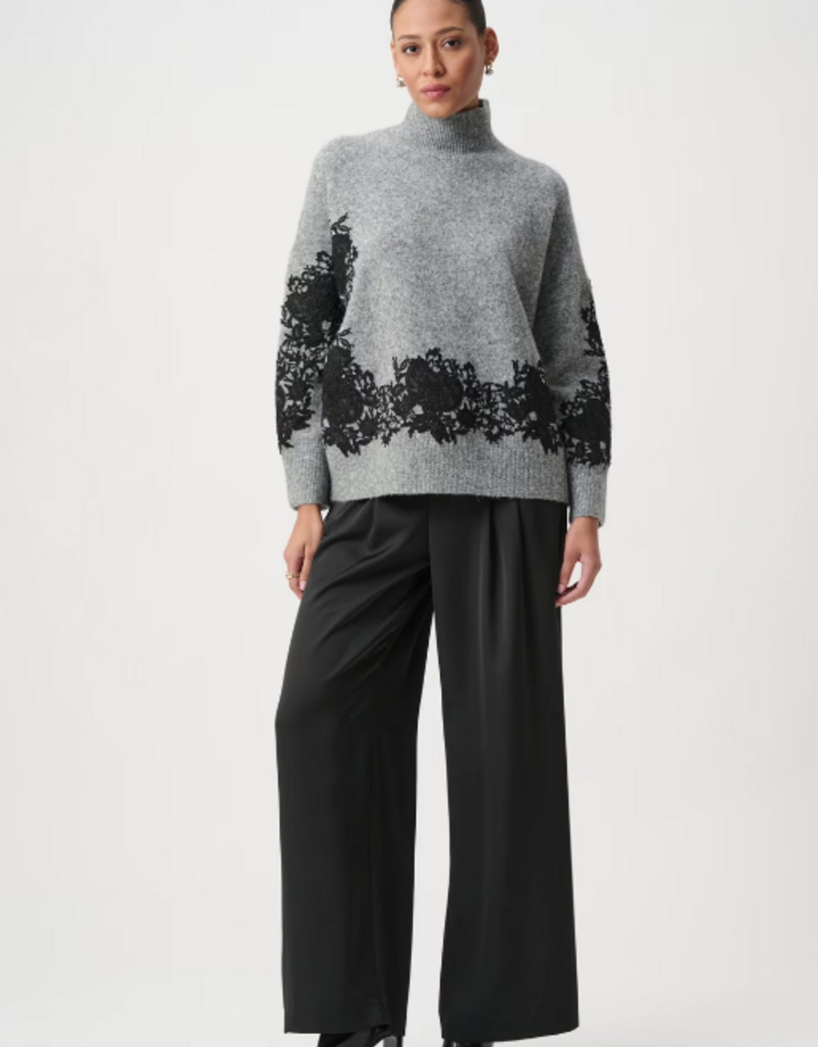 Joseph Ribkoff Joseph Ribkoff Grey w/Black Floral Detail Relaxed Pullover Sweater