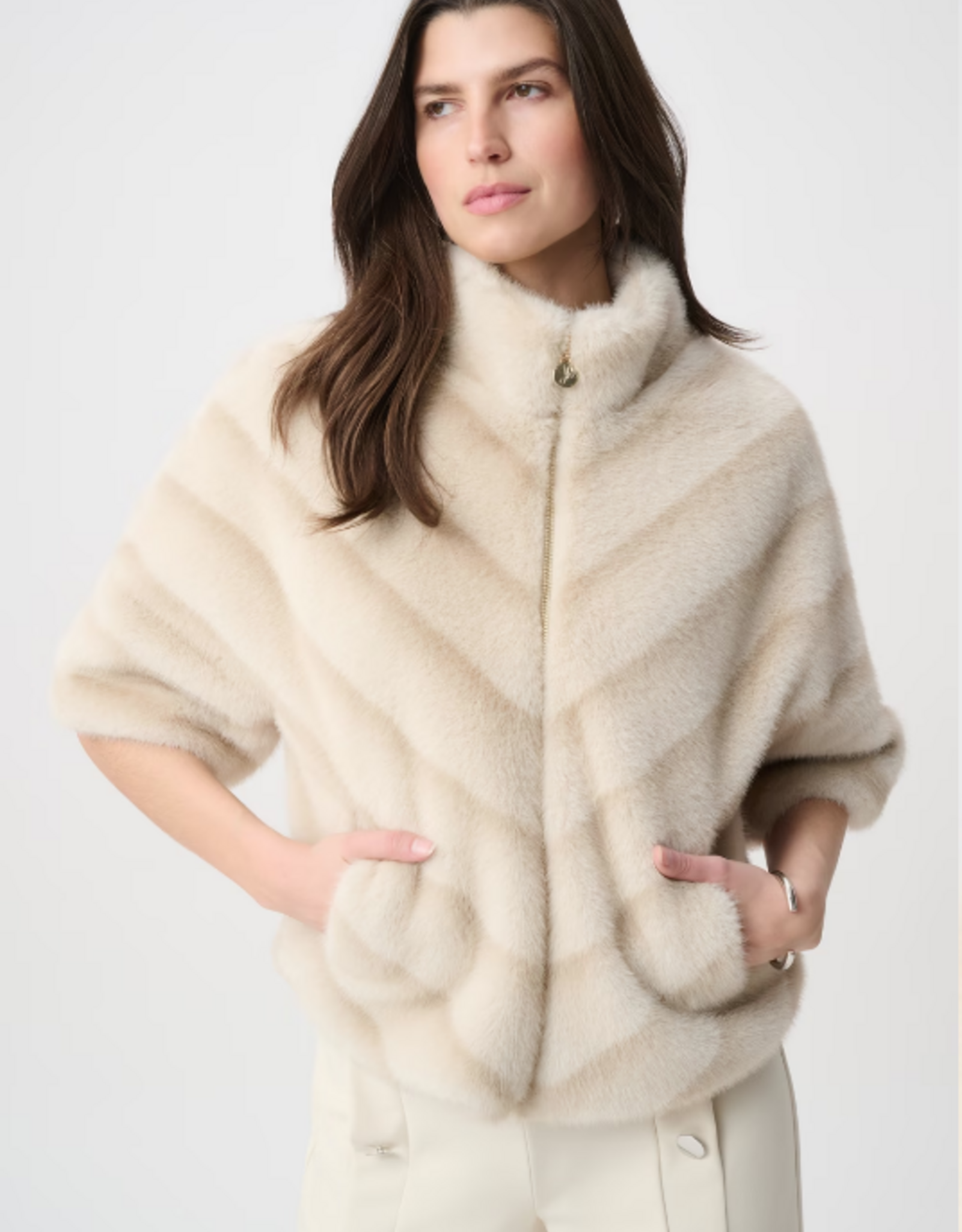 Joseph Ribkoff Joseph Ribkoff Beige/Almond Faux Fur High Neck Jacket