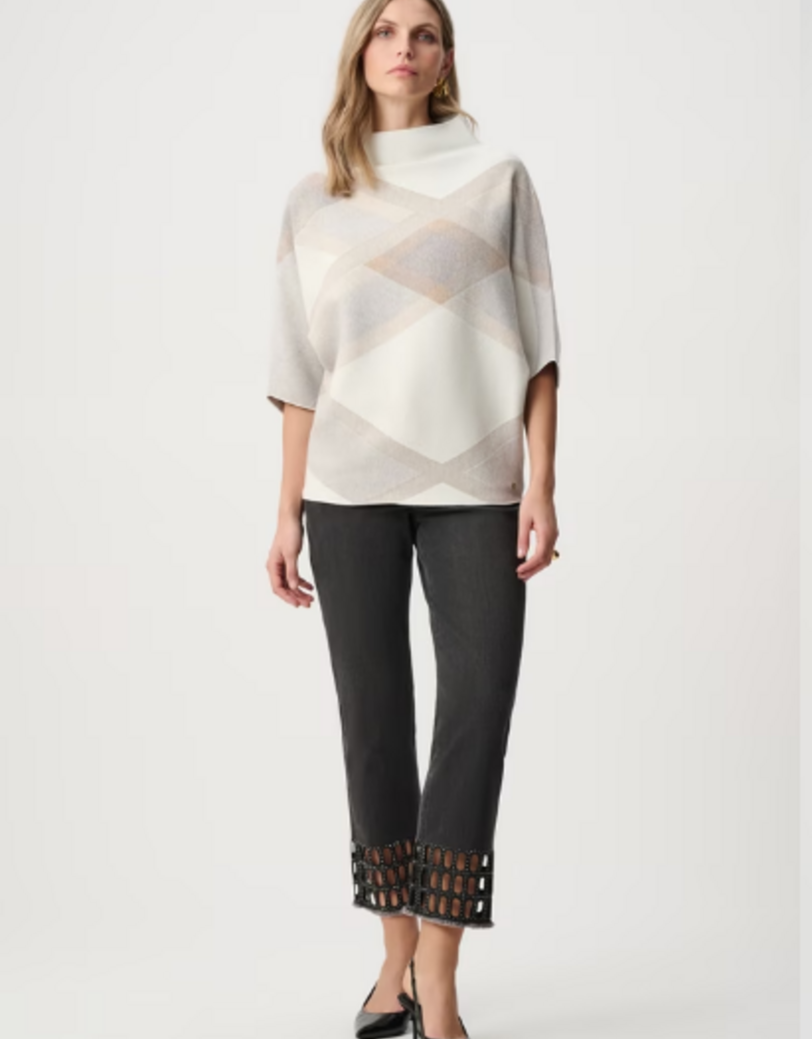 Joseph Ribkoff Joseph Ribkoff Winter White Multi Geometric Cowl Neck Poncho Sweater