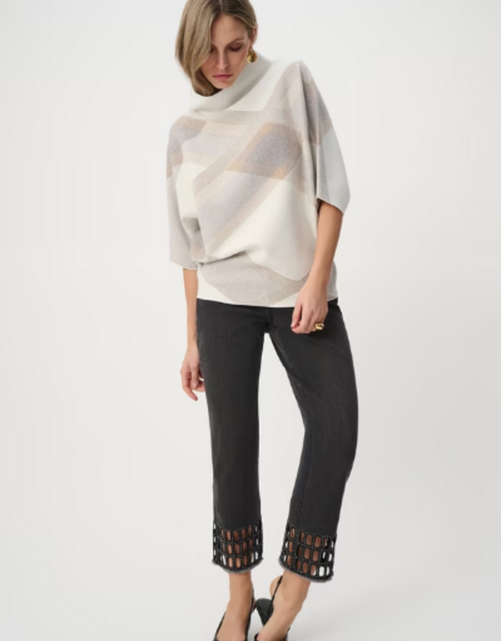 Joseph Ribkoff Joseph Ribkoff Winter White Multi Geometric Cowl Neck Poncho Sweater