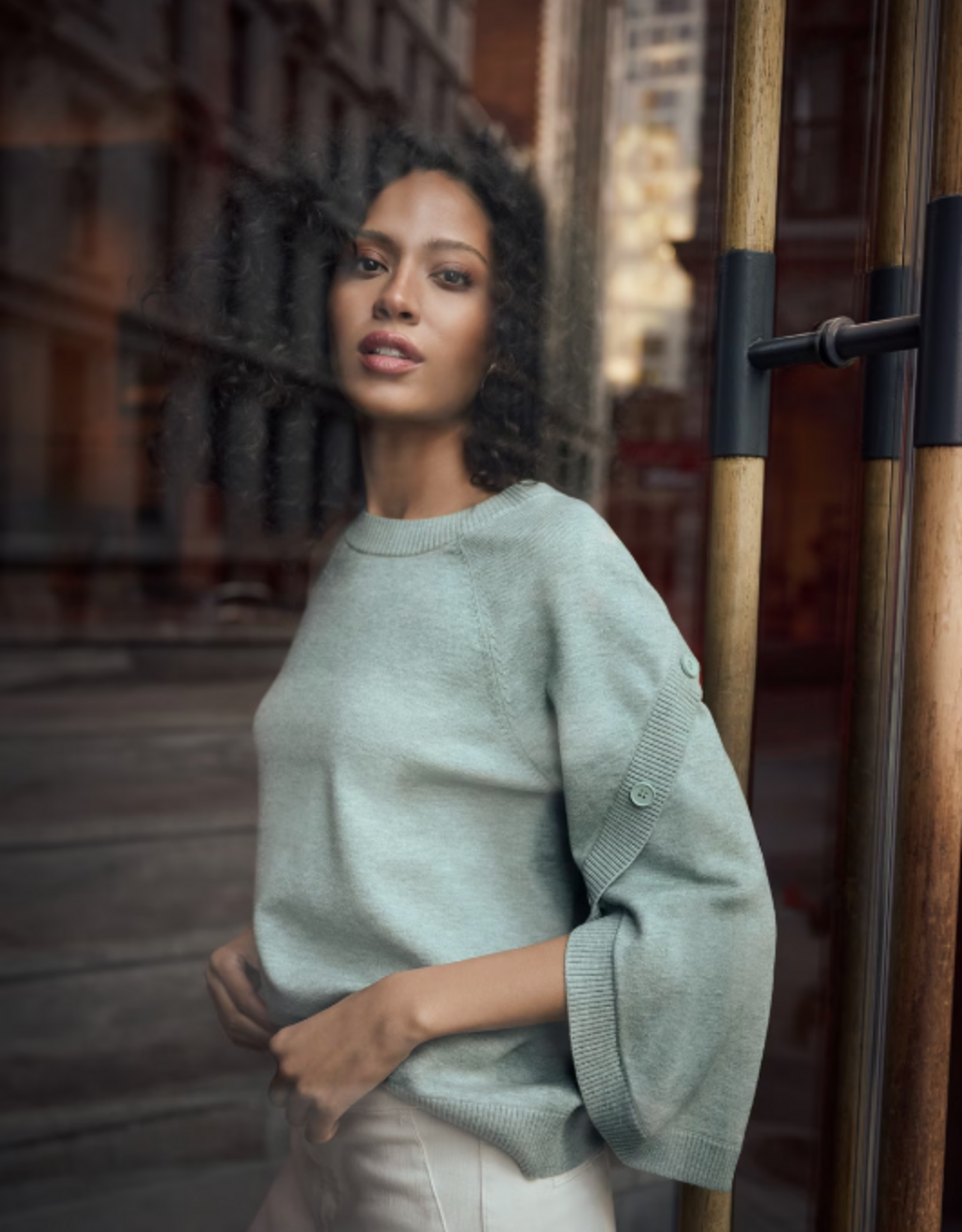 Joseph Ribkoff Joseph Ribkoff Mint Melange Crew Neck Pullover With Buttons Sweater