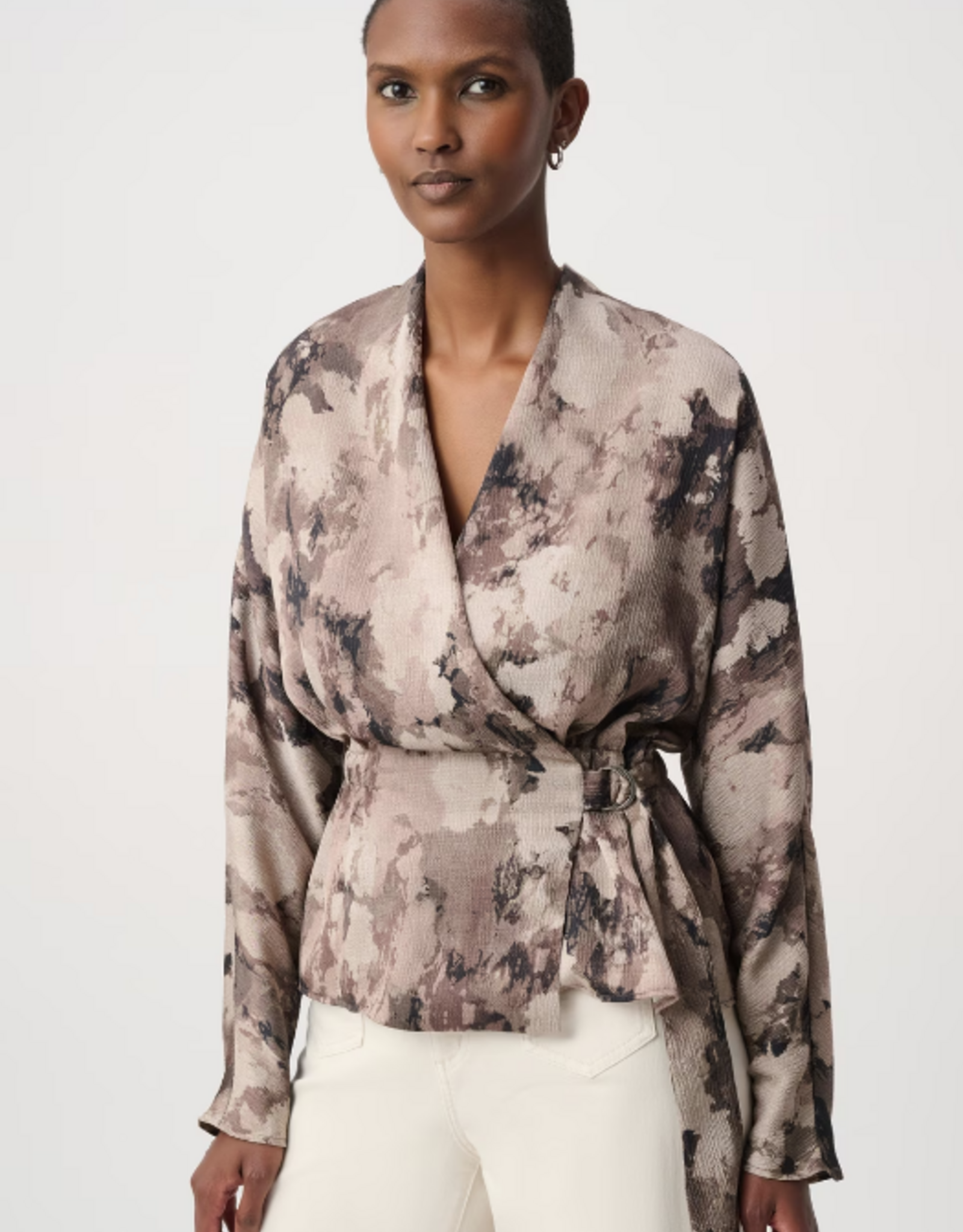 Joseph Ribkoff Joseph Ribkoff Beige Multi V-neck Long Sleeve Wrap Blouse Top
