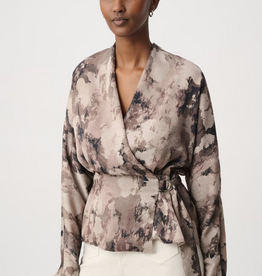 Joseph Ribkoff Joseph Ribkoff Beige Multi V-neck Long Sleeve Wrap Blouse Top