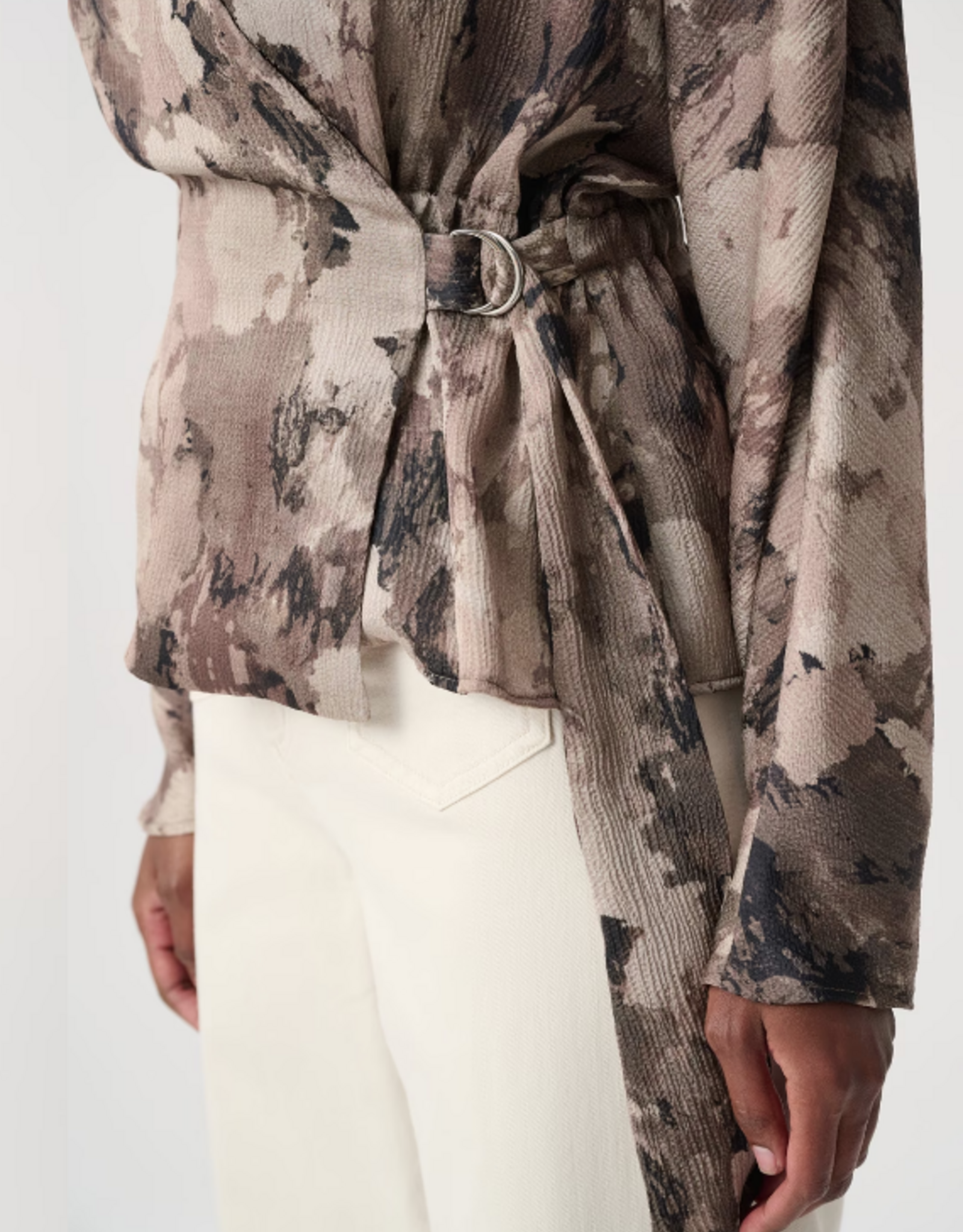 Joseph Ribkoff Joseph Ribkoff Beige Multi V-neck Long Sleeve Wrap Blouse Top