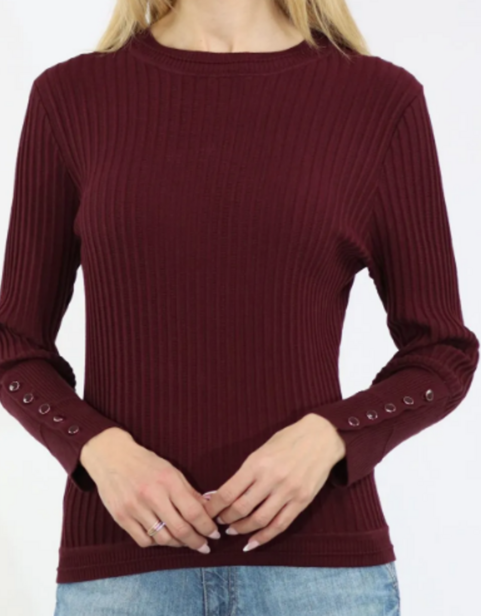 Metric Knits Metric Knits Mauve Wine  Round Neck Long Sleeve Button Detail Top
