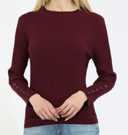 Metric Knits Metric Knits Mauve Wine  Round Neck Long Sleeve Button Detail Top