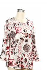 Links Links Charcoal Blk Red Abstract Print Round  Neck 3/4 Sleeve Petite Top