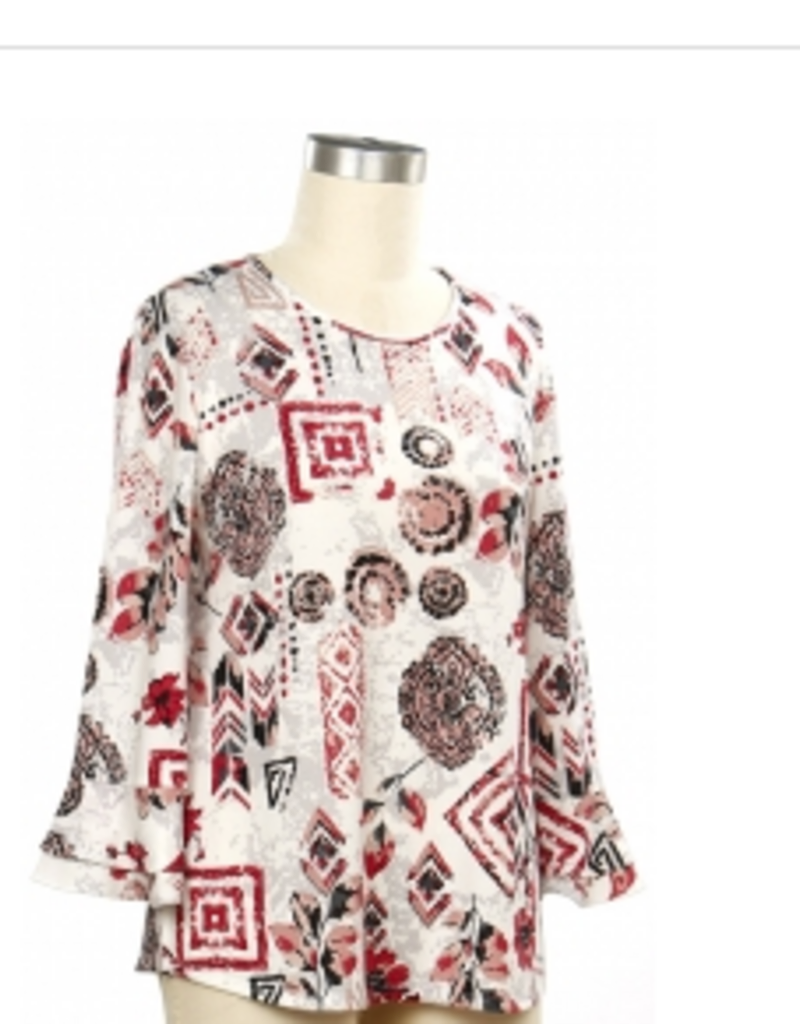 Links Links Charcoal Blk Red Abstract Print Round  Neck 3/4 Sleeve Petite Top