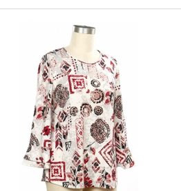 Links Links Charcoal Blk Red Abstract Print Round  Neck 3/4 Sleeve Petite Top