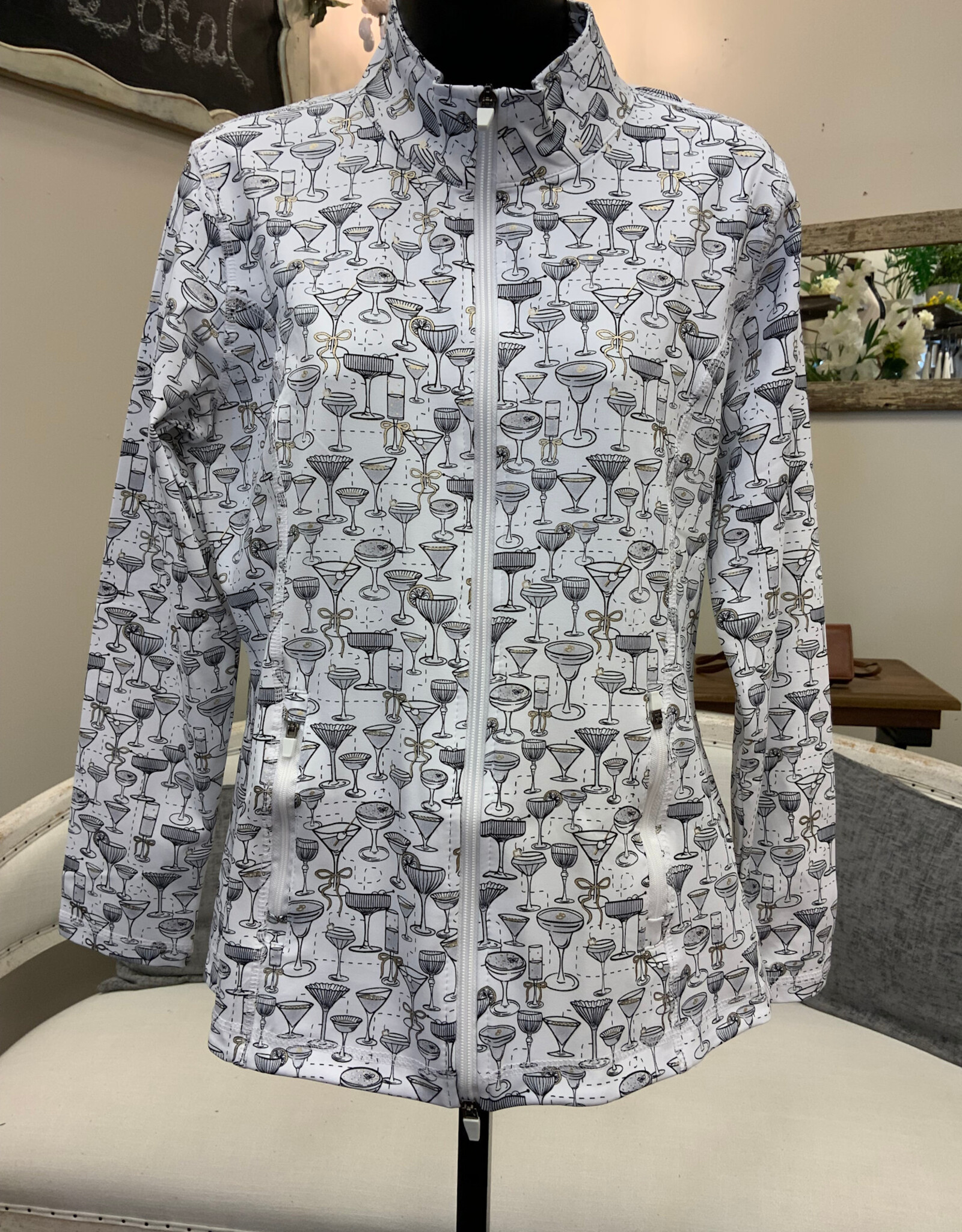 Lulu B Lulu SPX7418 White/Silver Cocktail Glass Print DRGO Zip Up Jacket