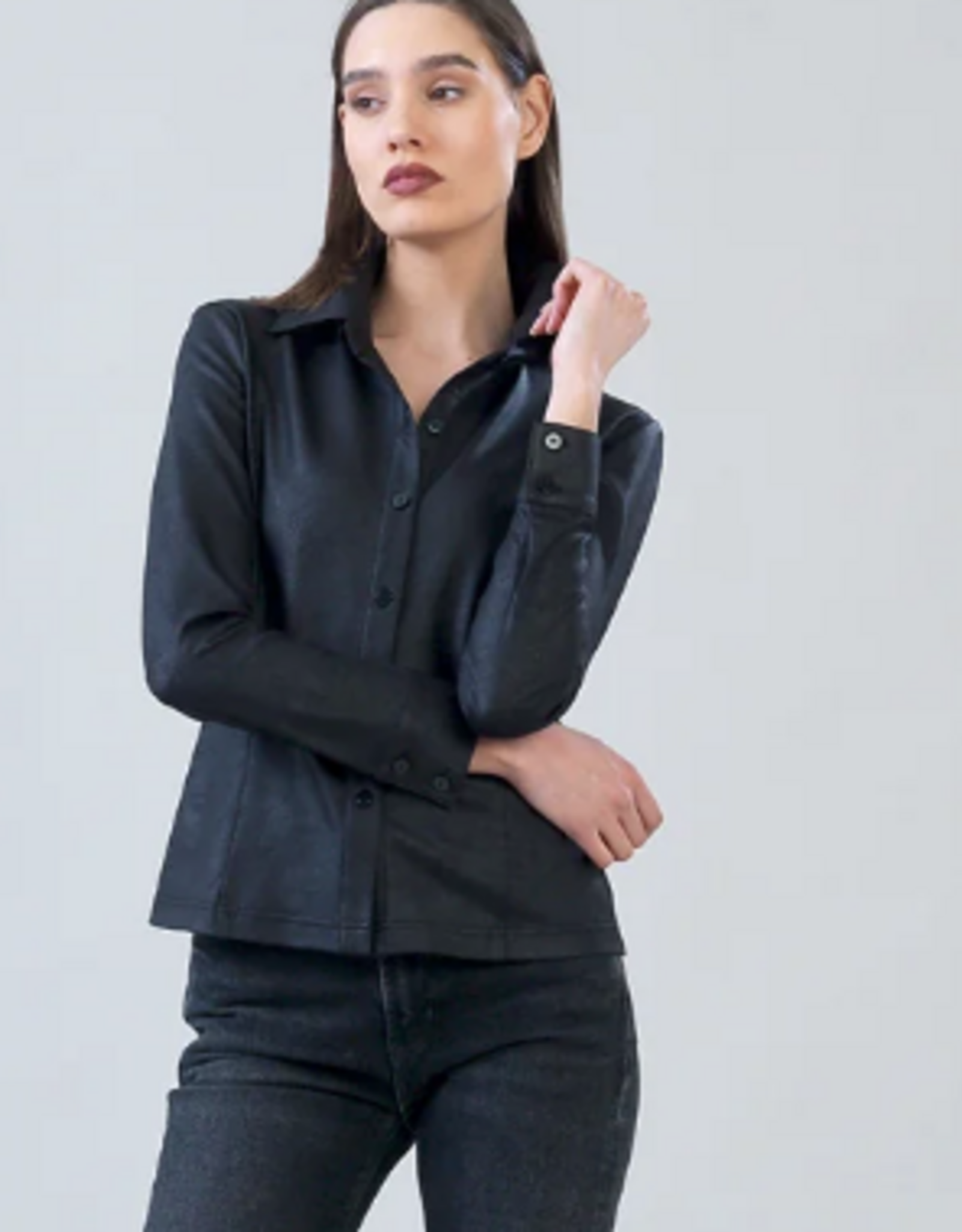 Clara Sunwoo Clara Sun Woo Black Liquid Leather Button Front Blouse