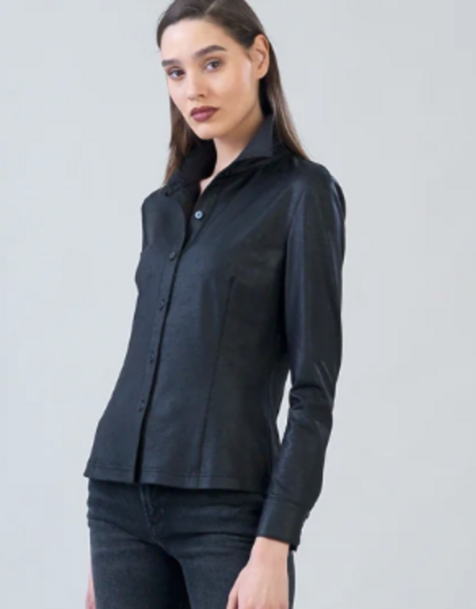 Clara Sunwoo Clara Sun Woo Black Liquid Leather Button Front Blouse