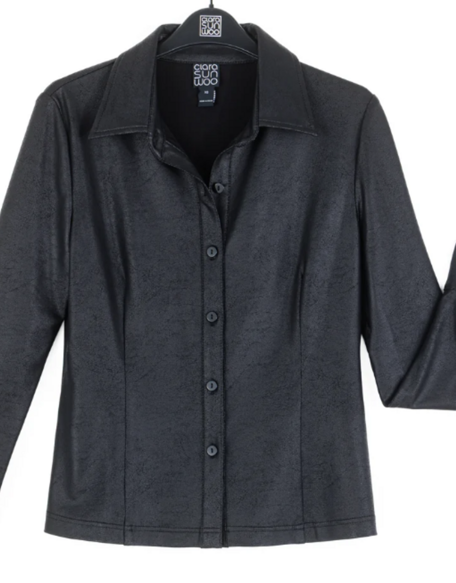 Clara Sunwoo Clara Sun Woo Black Liquid Leather Button Front Blouse