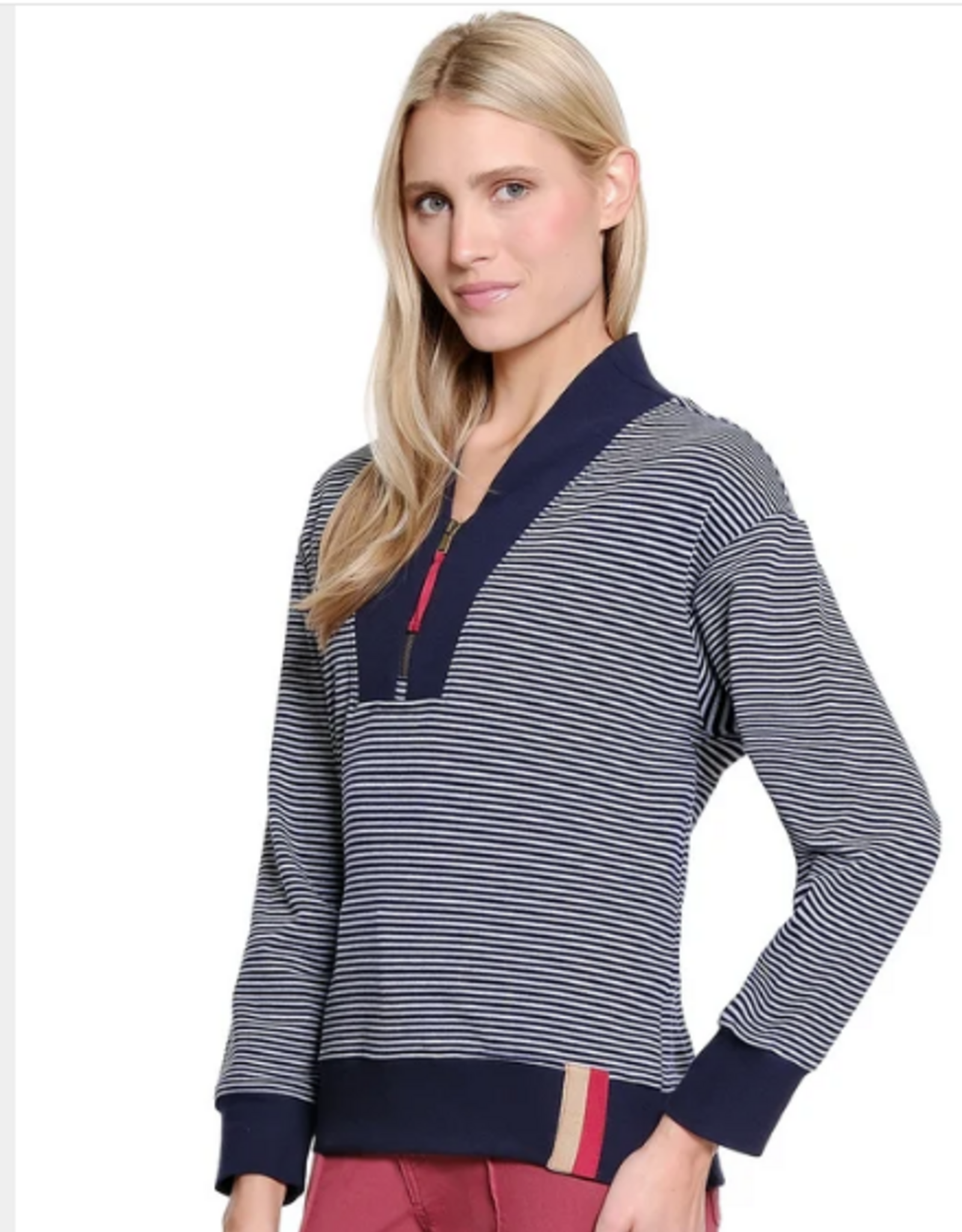 Tru Luxe Tru Luxe  T36476TM NAVY STRIPE SHAWL COLLAR ZIP FRONT SWEATSHIRT