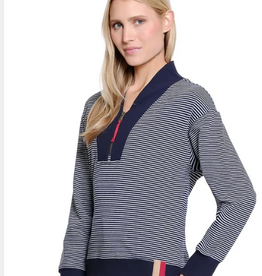 Tru Luxe Tru Luxe  T36476TM NAVY STRIPE SHAWL COLLAR ZIP FRONT SWEATSHIRT
