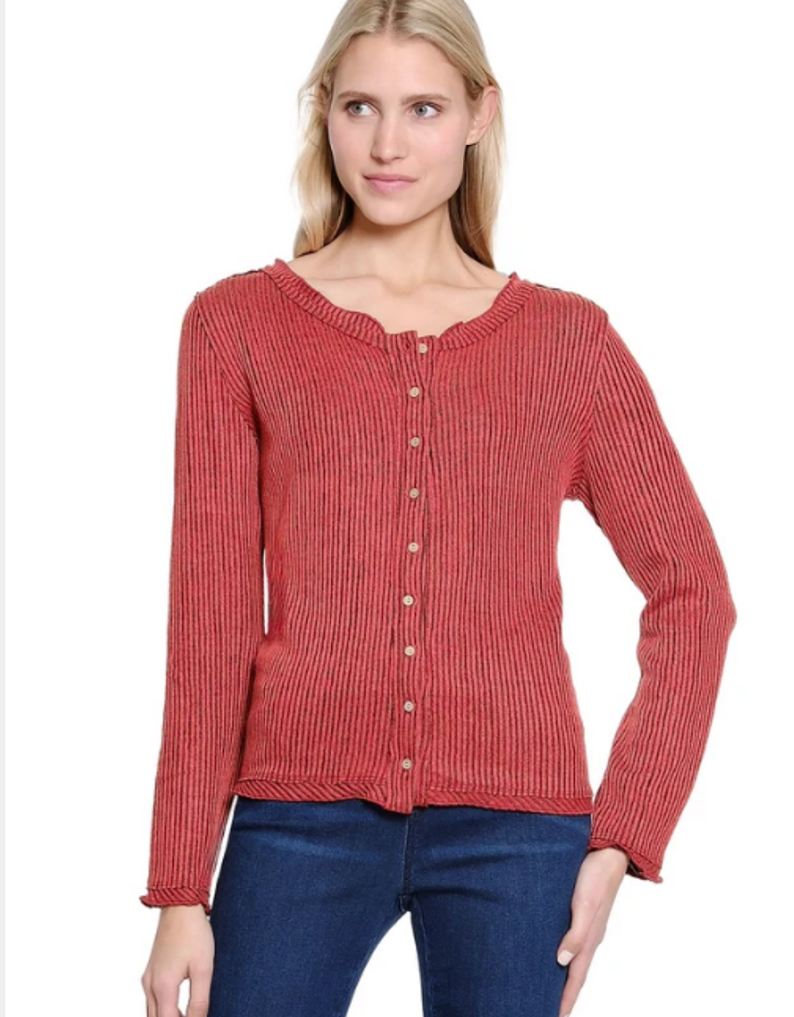 Tru Luxe Tru Luxe  Brick Round Neck L/S  Stripe Knit Button  Up Top