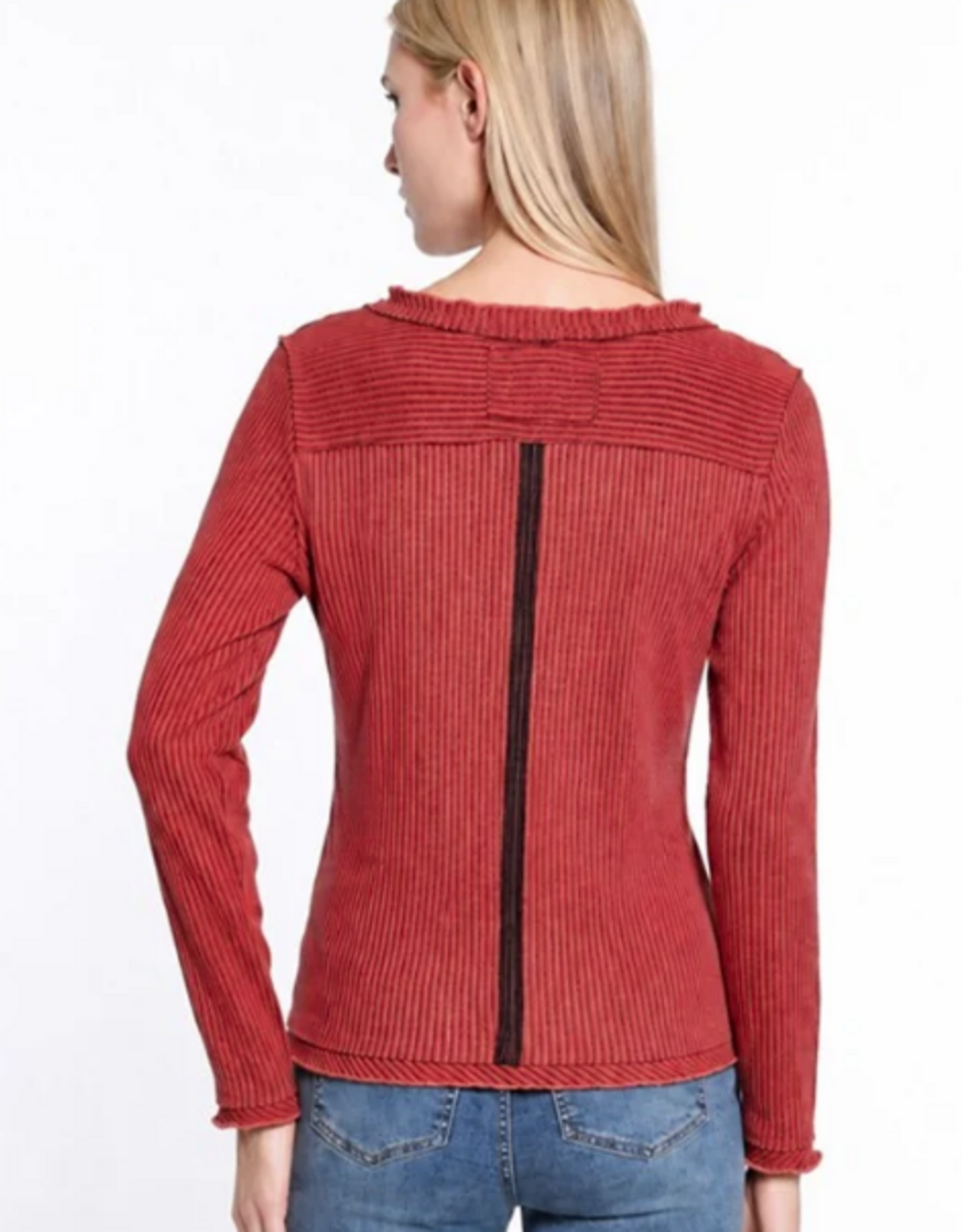 Tru Luxe Tru Luxe  Brick Round Neck L/S  Stripe Knit Button  Up Top