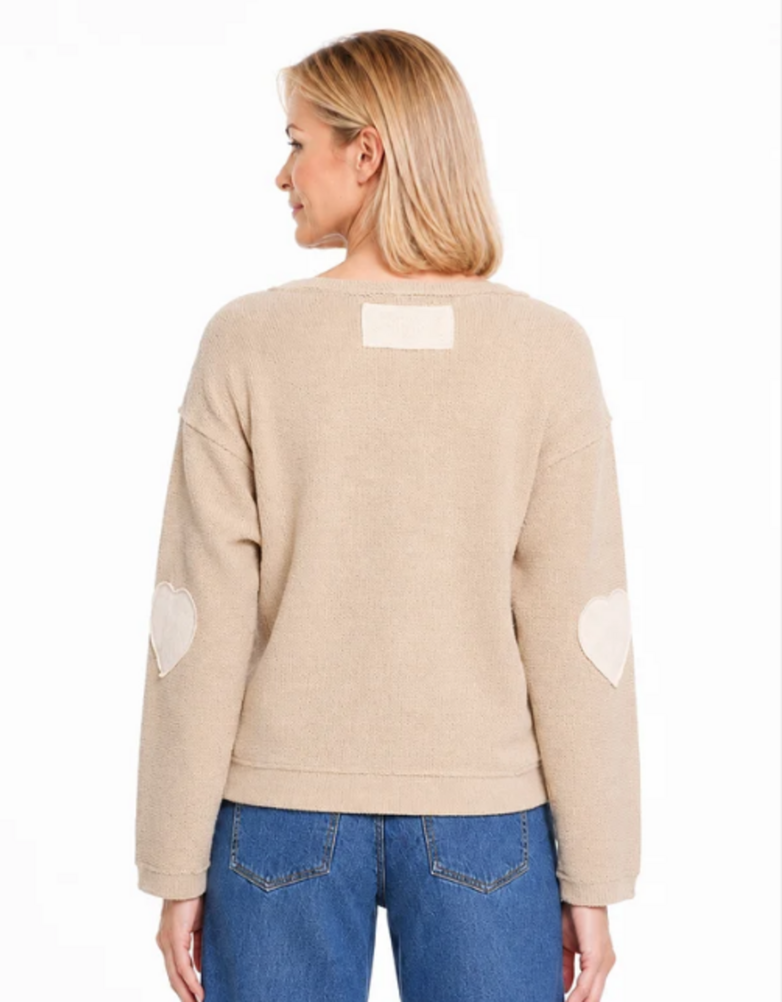 Tru Luxe Tru Luxe Natural Split Neck Knit Top With Heart Applique