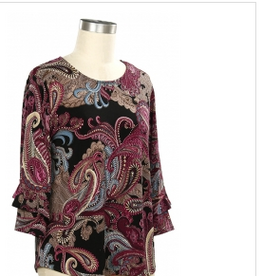 Southern Lady Southern Lady Bare Burgundy Black Print Round Neck 3/4 Sleeve Top