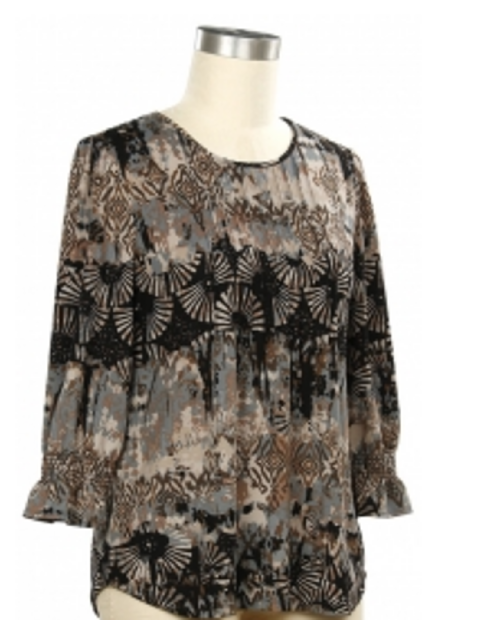N Touch N Touch Grey/Brown/Black  Meilla Print  Round Neck 3/4 Sleeve Top