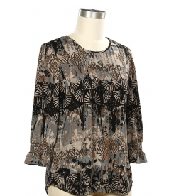 N Touch N Touch Grey/Brown/Black  Meilla Print  Round Neck 3/4 Sleeve Top