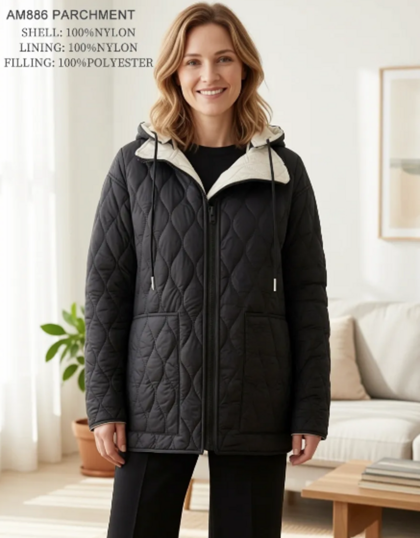Creations Creation Taupe/Black Solid Quilted Reversible Jacket w/Hood