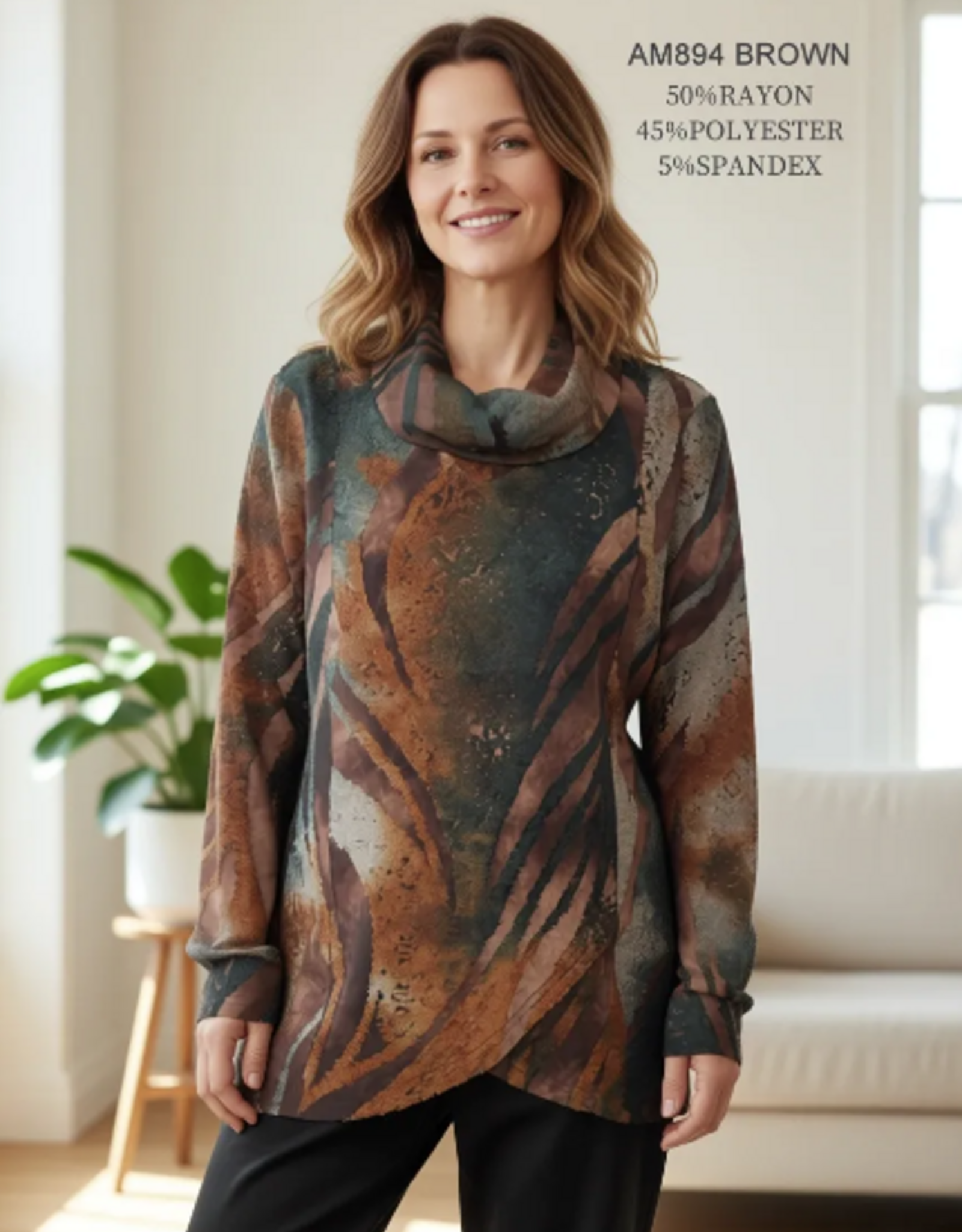 Creations Creation Brown Burnout Cowl Neck Long Sleeve Top