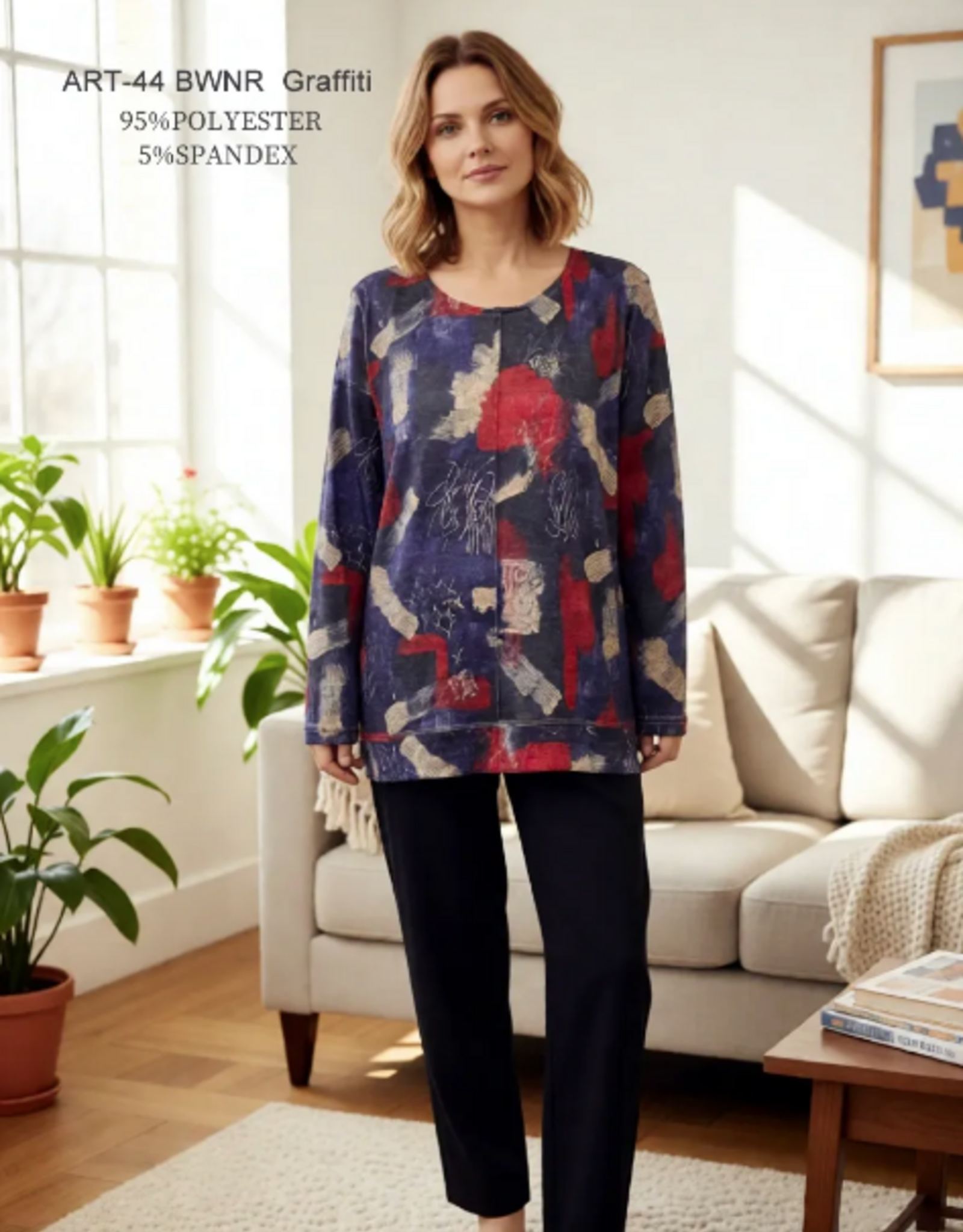 Creations Creation ART44 R/W/B Graffiti Round Neck Center Seam Long Sleeve Top