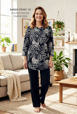 Creations Creation AM908-16 Black/Cream Leaf Print Loose Neck Long Sleeve Top