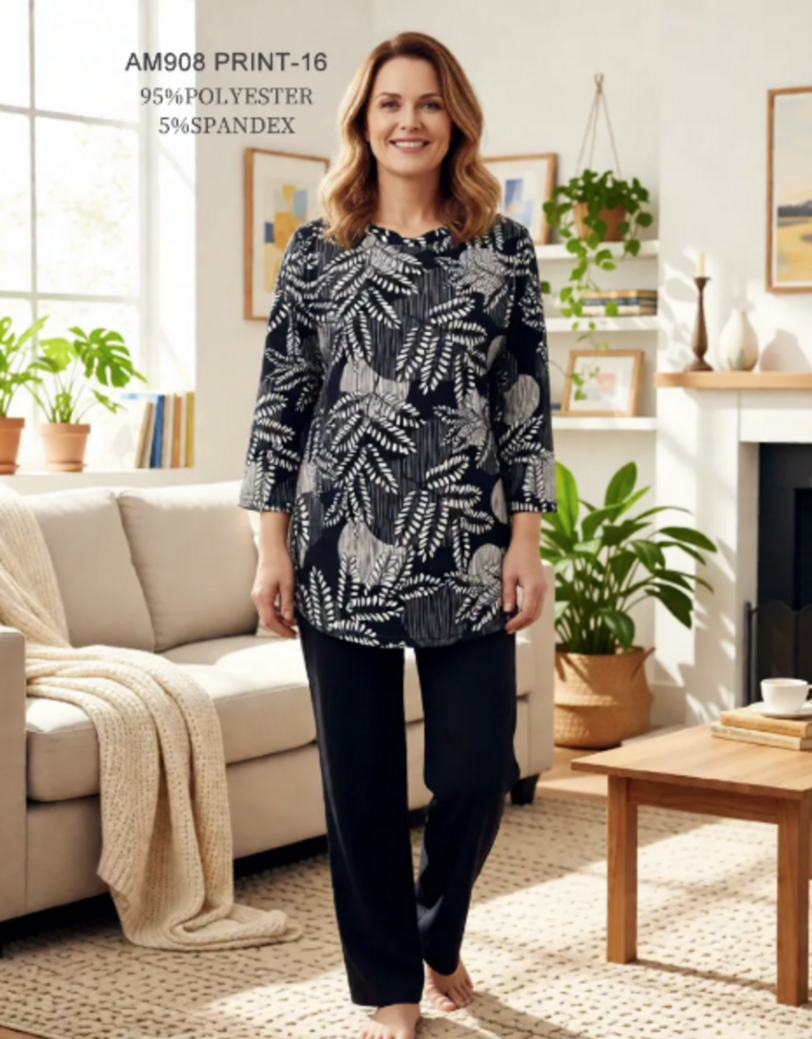 Creations Creation AM908-16 Black/Cream Leaf Print Loose Neck Long Sleeve Top