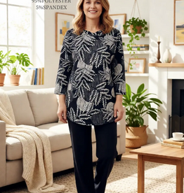 Creations Creation Black/Cream Leaf Print Loose Neck Long Sleeve Top