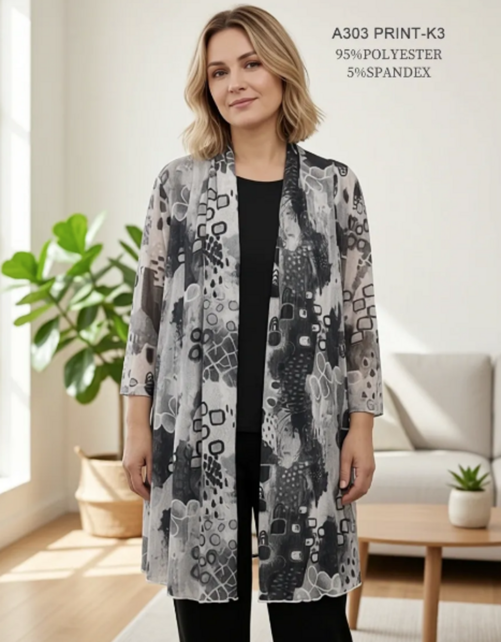 Creations Creation Grey Block Print Long Sleeve Mesh Cardigan