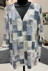Bali Corp Bali Blue Print V-Neck Zip Detail 3/4 Sleeve Top