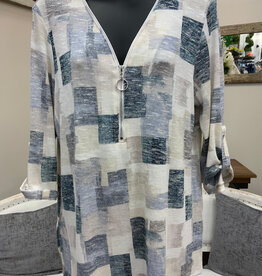 Bali Corp Bali Blue Print V-Neck Zip Detail 3/4 Sleeve Top