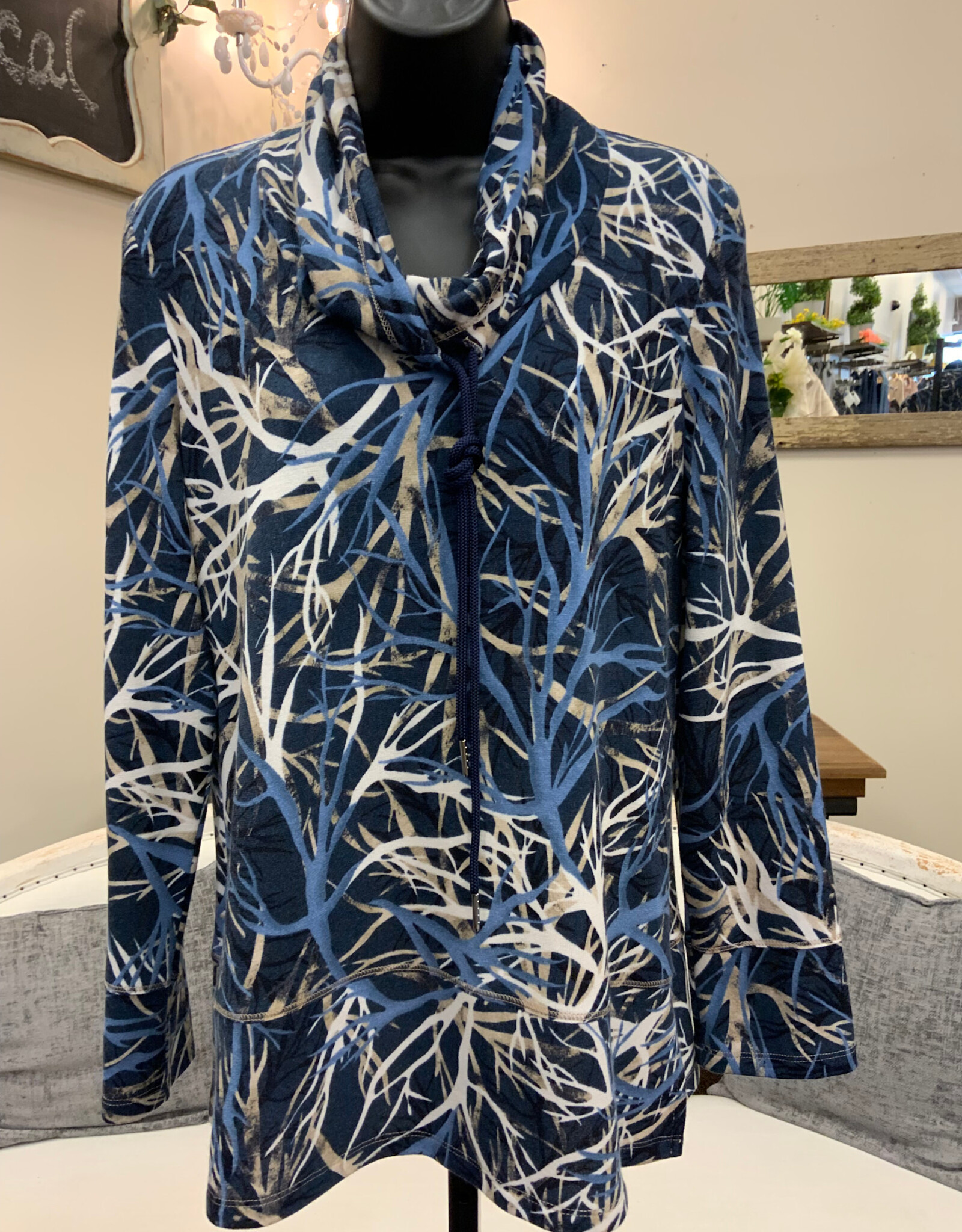 Bali Corp Bali Blue Print Cowl Neck Drawstring Detail Long  Sleeve Top