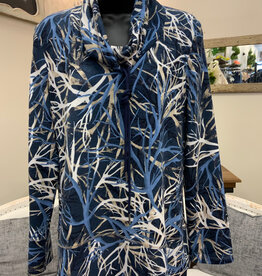 Bali Corp Bali Blue Print Cowl Neck Drawstring Detail Long  Sleeve Top