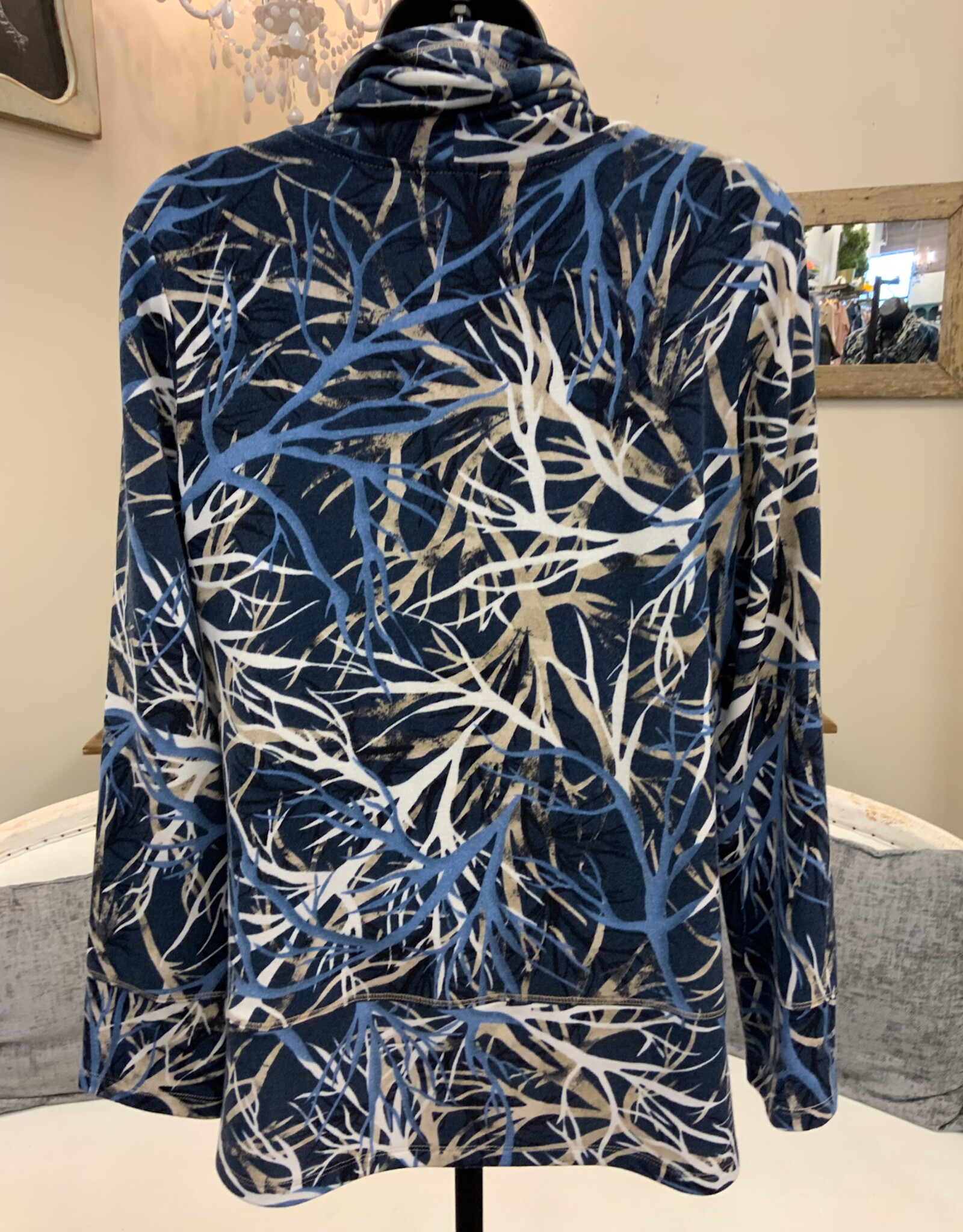 Bali Corp Bali Blue Print Cowl Neck Drawstring Detail Long  Sleeve Top