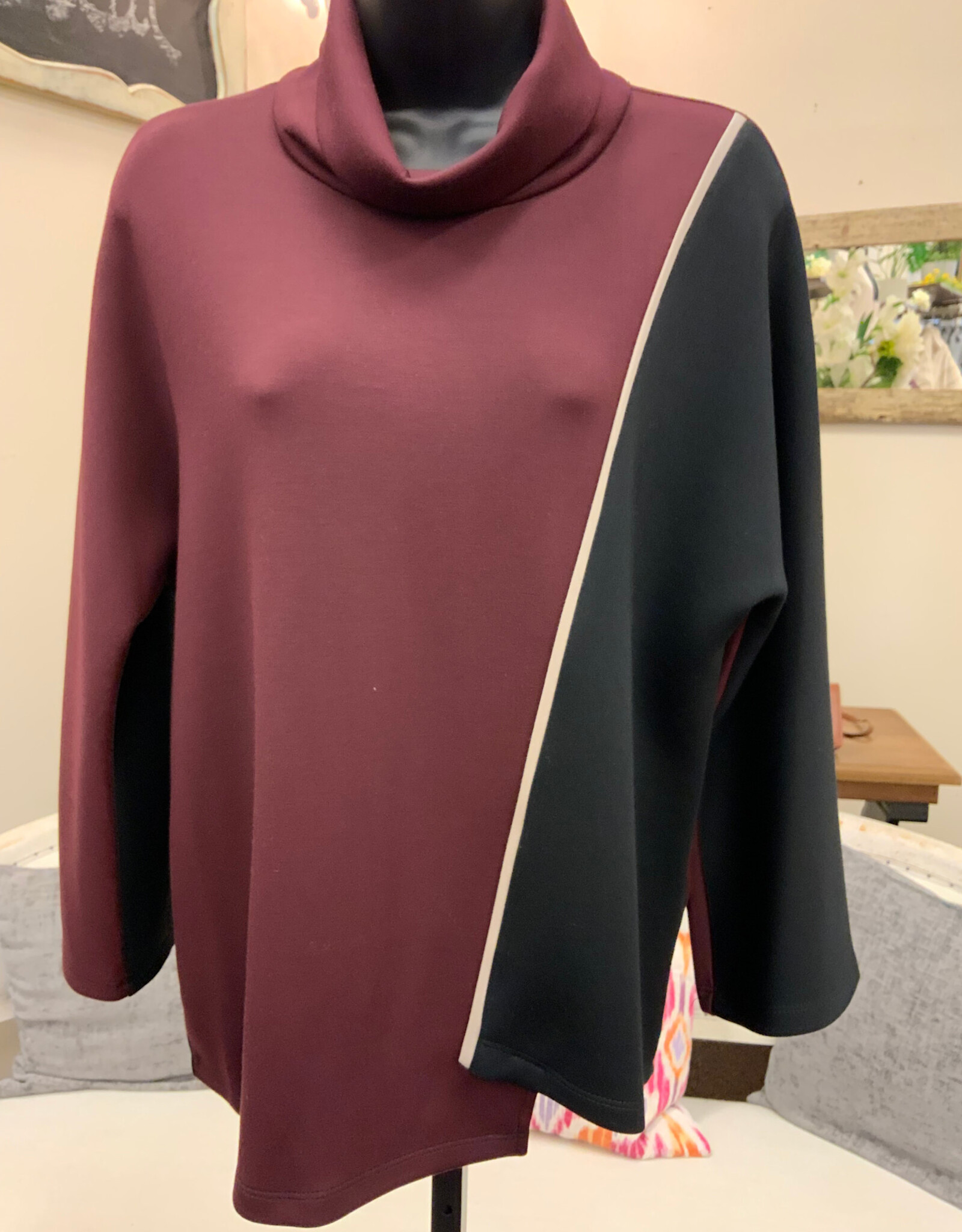 Pure Essence Pure Essence  Maroon/Black Scuba Fabric Cowl Neck 3/4 Sleeve Top