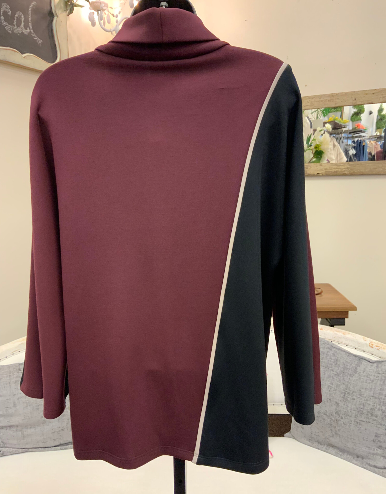 Pure Essence Pure Essence  Maroon/Black Scuba Fabric Cowl Neck 3/4 Sleeve Top