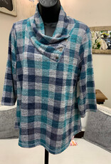 N Touch N Touch  Joyanna Navy/Teal  Plaid V-Neck  Button Detail 3/4  Sleeve Top