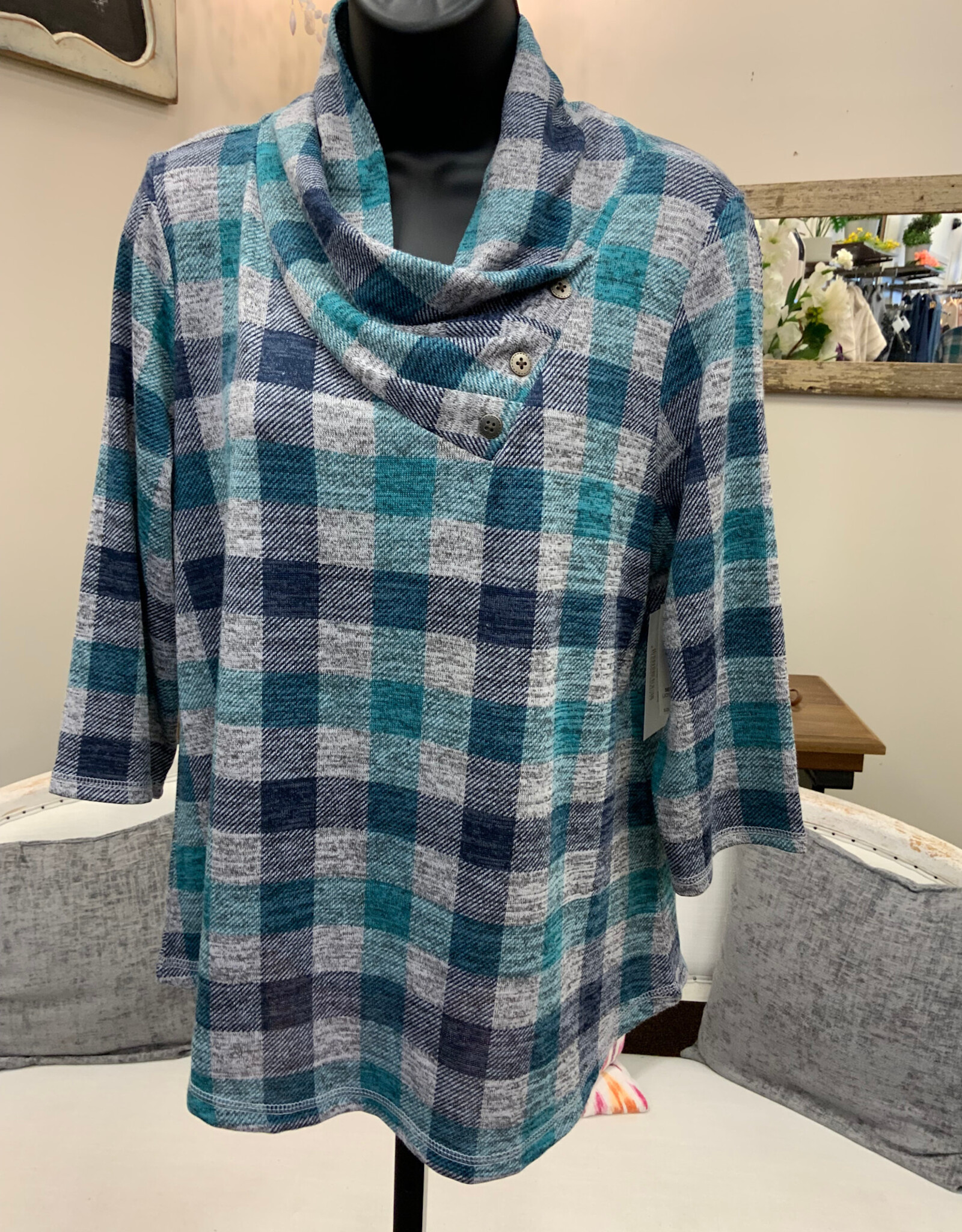 N Touch N Touch  Joyanna Navy/Teal  Plaid V-Neck  Button Detail 3/4  Sleeve Top