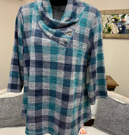 N Touch N Touch Joyanna Navy/Teal  Plaid V-Neck  Button Detail 3/4  Sleeve Top