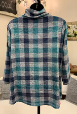 N Touch N Touch  Joyanna Navy/Teal  Plaid V-Neck  Button Detail 3/4  Sleeve Top