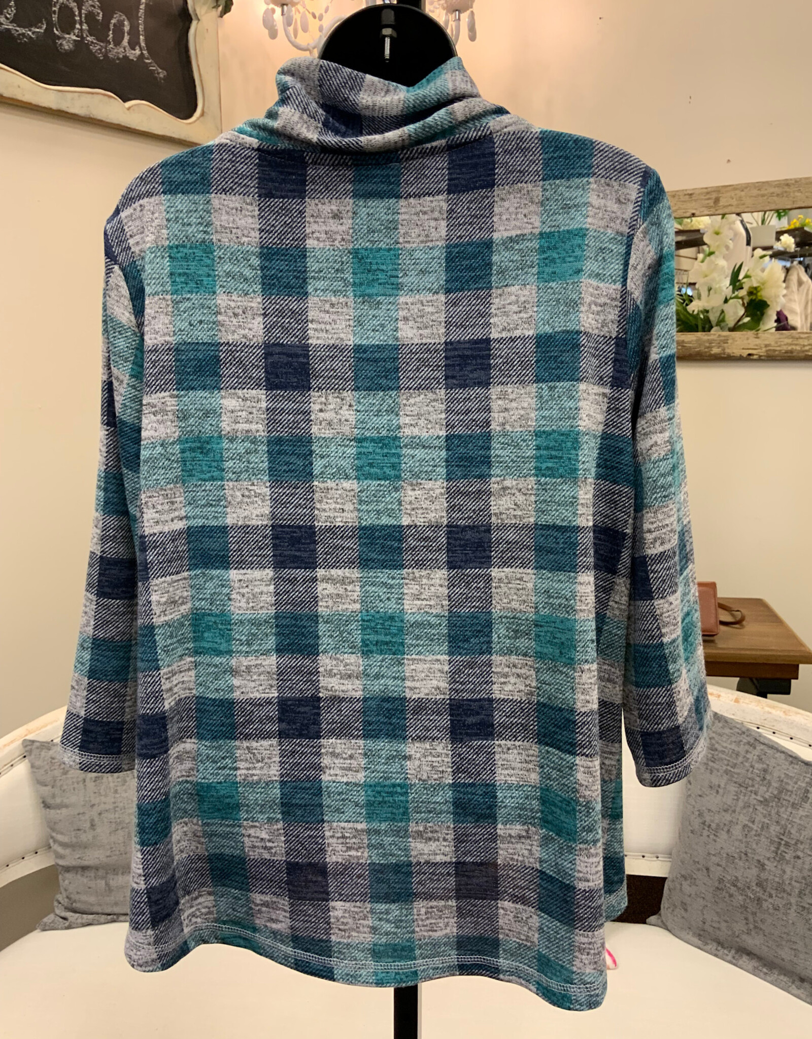 N Touch N Touch  Joyanna Navy/Teal  Plaid V-Neck  Button Detail 3/4  Sleeve Top