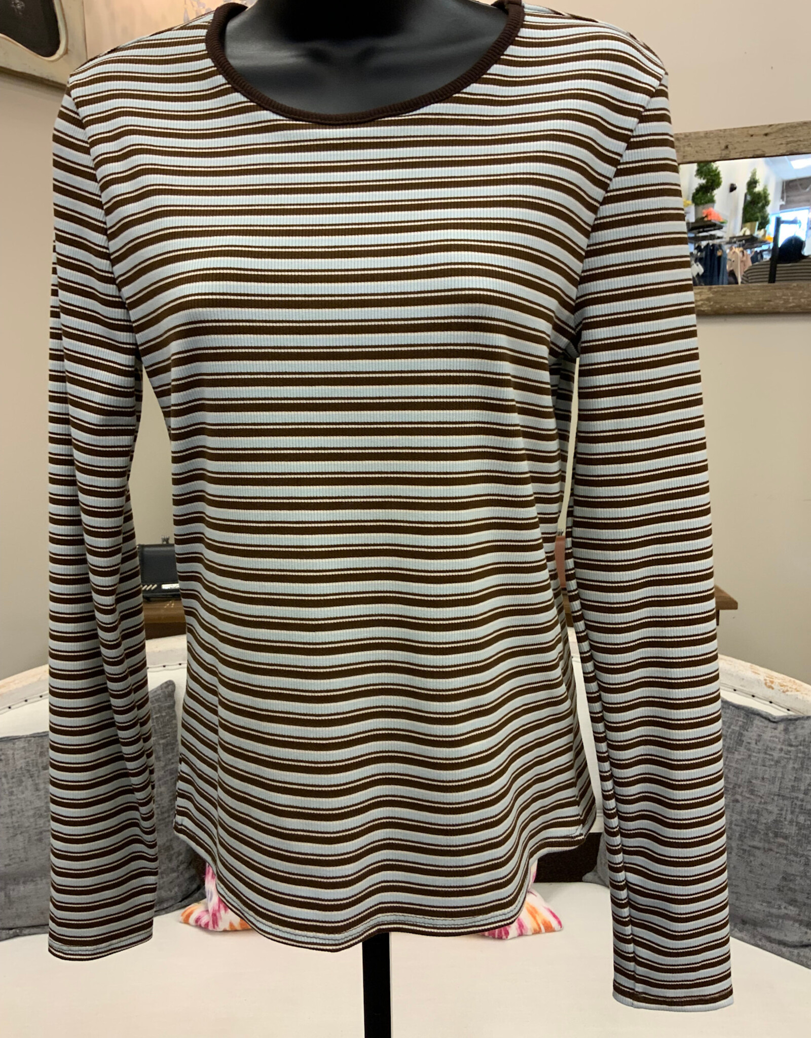 Kylie Paige Kylie Paige  Brown Stripe Softy Aurora Round Neck Long Sleeve Top