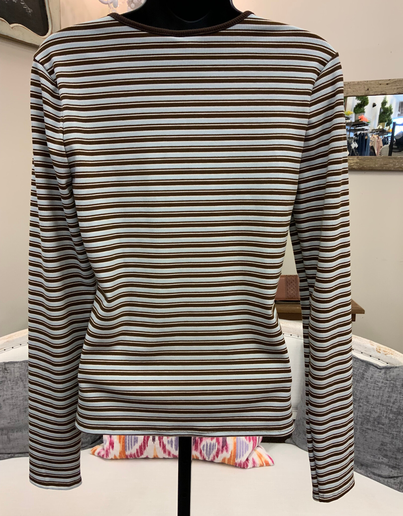 Kylie Paige Kylie Paige  Brown Stripe Softy Aurora Round Neck Long Sleeve Top