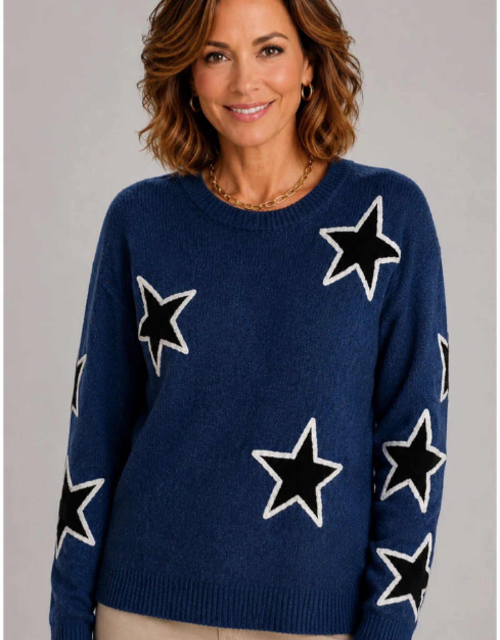 Ethyl Ethyl Starlight Starbright Blue Round Neck Long Sleeve Sweater
