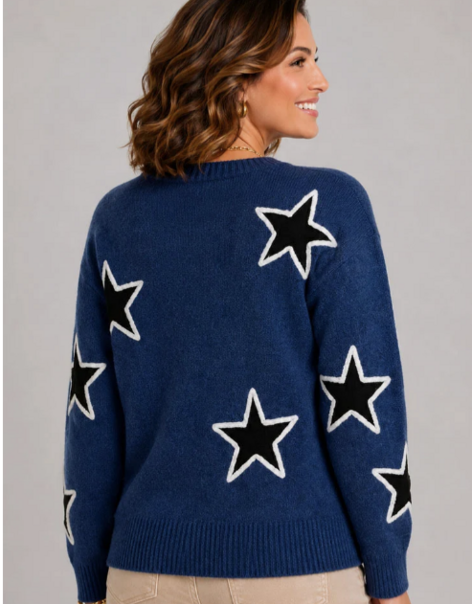 Ethyl Ethyl Starlight Starbright Blue Round Neck Long Sleeve Sweater