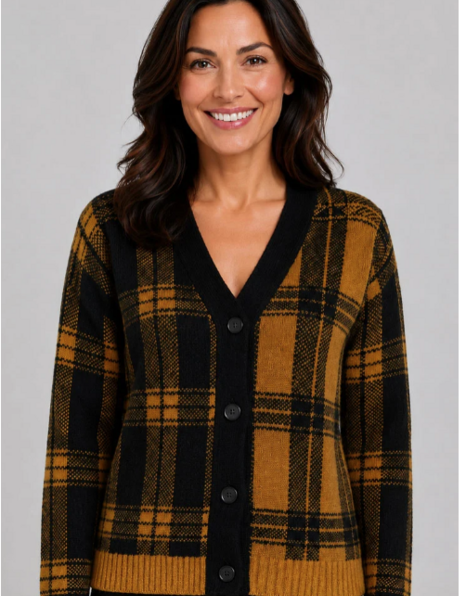 Ethyl Ethyl Black/Gold Plaid Button Up Long Sleeve Cardigan Sweater